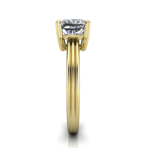 Reagan cushion classic engagement ring in 18K Yellow Gold, side profile showing the channel-grooved polished band in side view