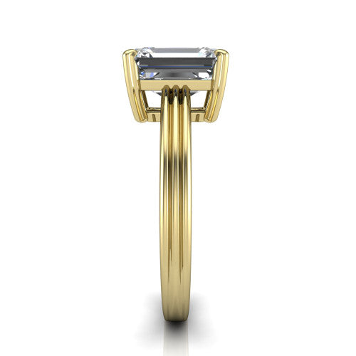 Reagan emerald-cut classic engagement ring in 14K Yellow Gold, side profile showing the channel-grooved polished band in side view