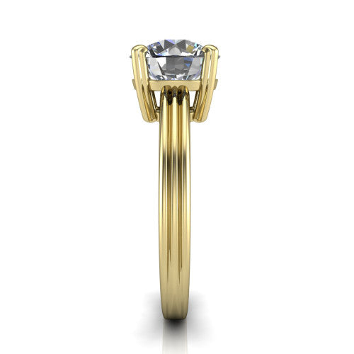 Reagan round classic engagement ring in 14K Yellow Gold, side profile showing the channel-grooved polished band in side view