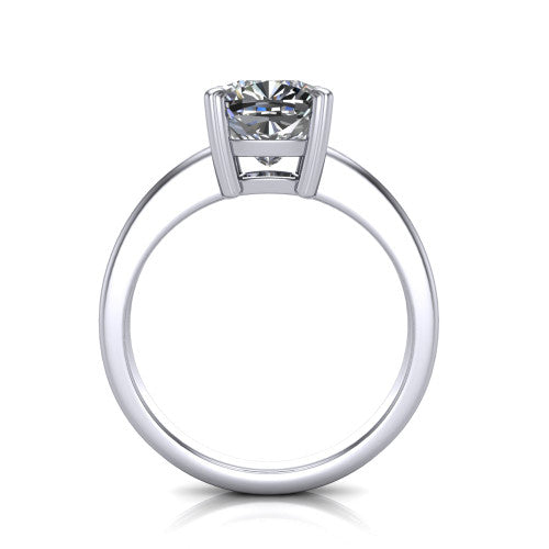 Reagan cushion classic engagement ring in 18K White Gold, through-finger front profile showing the grooved band and open gallery from the front
