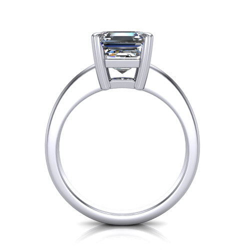 Reagan square emerald-cut classic engagement ring in 18K White Gold, through-finger front profile showing the grooved band and open gallery from the front