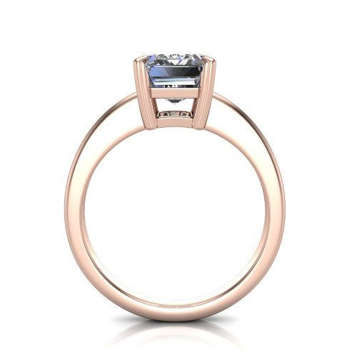 Reagan emerald-cut classic engagement ring in 18K Rose Gold, through-finger front profile showing the grooved band and open gallery from the front