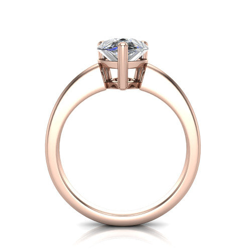 Reagan pear classic engagement ring in 14K Rose Gold, through-finger front profile showing the grooved band and open gallery from the front
