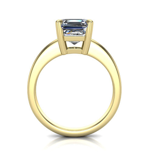 Reagan square emerald-cut classic engagement ring in 18K Yellow Gold, through-finger front profile showing the grooved band and open gallery from the front