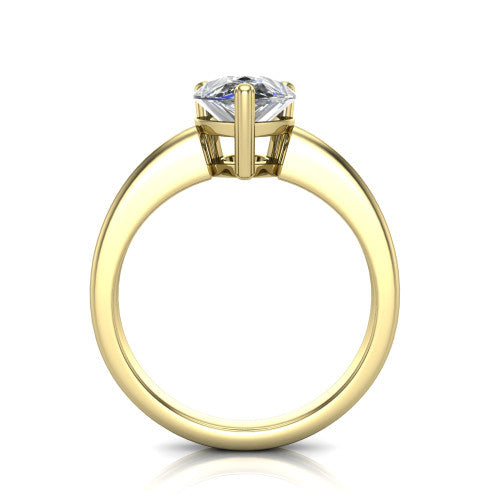 Reagan pear classic engagement ring in 18K Yellow Gold, through-finger front profile showing the grooved band and open gallery from the front