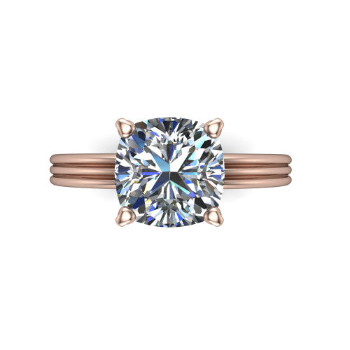 Reagan cushion classic engagement ring in 18K Rose Gold, top-down view showing the cushion center diamond in its four-prong head from above