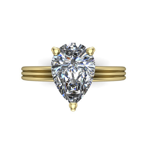 Reagan pear classic engagement ring in 18K Yellow Gold, top-down view showing the pear center diamond in its four-prong head from above