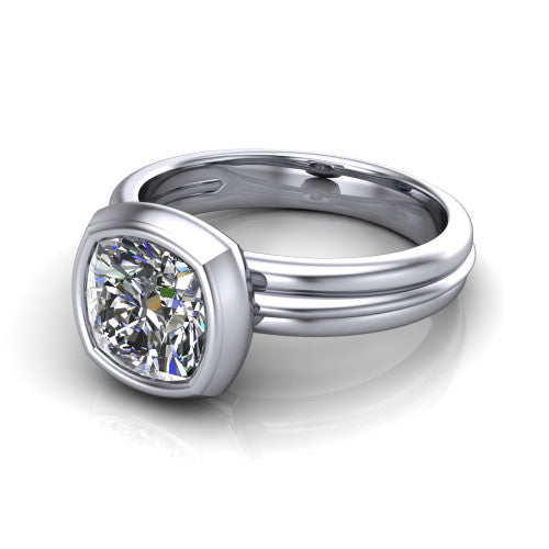Kehlani cushion classic engagement ring in 14K White Gold, three-quarter perspective showing the cushion center diamond in a full bezel above a grooved band