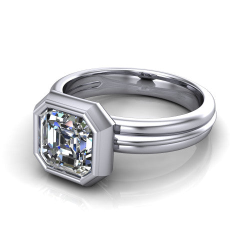 Kehlani square emerald-cut classic engagement ring in 18K White Gold, three-quarter perspective showing the square emerald-cut center diamond in a full bezel above a grooved band