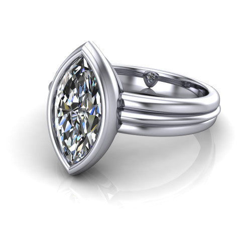 Kehlani marquise classic engagement ring in 18K White Gold, three-quarter perspective showing the marquise center diamond in a full bezel above a grooved band