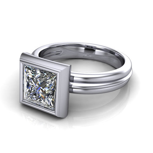 Kehlani princess-cut classic engagement ring in 18K White Gold, three-quarter perspective showing the princess-cut center diamond in a full bezel above a grooved band