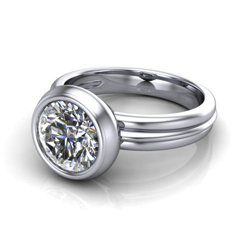 Kehlani round classic engagement ring in 14K White Gold, three-quarter perspective showing the round center diamond in a full bezel above a grooved band