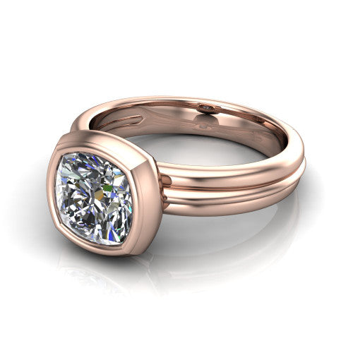Kehlani cushion classic engagement ring in 14K Rose Gold, three-quarter perspective showing the cushion center diamond in a full bezel above a grooved band