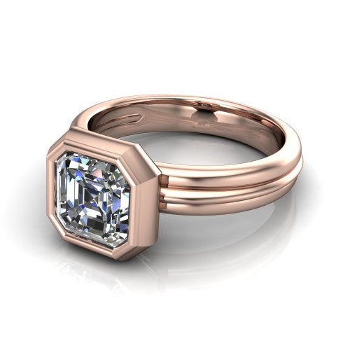 Kehlani square emerald-cut classic engagement ring in 18K Rose Gold, three-quarter perspective showing the square emerald-cut center diamond in a full bezel above a grooved band