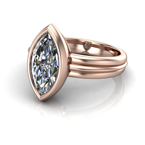 Kehlani marquise classic engagement ring in 14K Rose Gold, three-quarter perspective showing the marquise center diamond in a full bezel above a grooved band