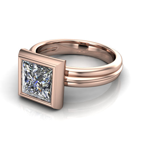 Kehlani princess-cut classic engagement ring in 18K Rose Gold, three-quarter perspective showing the princess-cut center diamond in a full bezel above a grooved band
