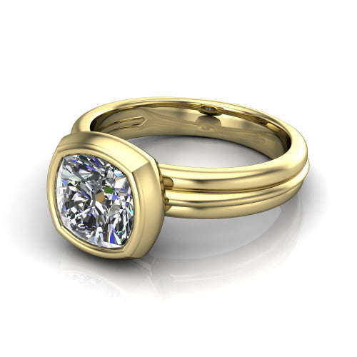 Kehlani cushion classic engagement ring in 18K Yellow Gold, three-quarter perspective showing the cushion center diamond in a full bezel above a grooved band