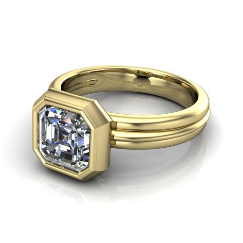 Kehlani square emerald-cut classic engagement ring in 18K Yellow Gold, three-quarter perspective showing the square emerald-cut center diamond in a full bezel above a grooved band