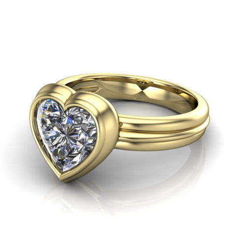 Kehlani heart classic engagement ring in 14K Yellow Gold, three-quarter perspective showing the heart center diamond in a full bezel above a grooved band