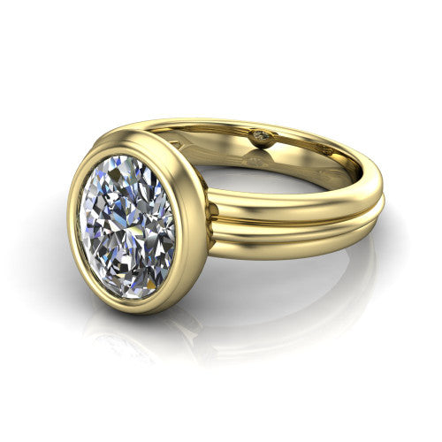 Kehlani oval classic engagement ring in 14K Yellow Gold, three-quarter perspective showing the oval center diamond in a full bezel above a grooved band
