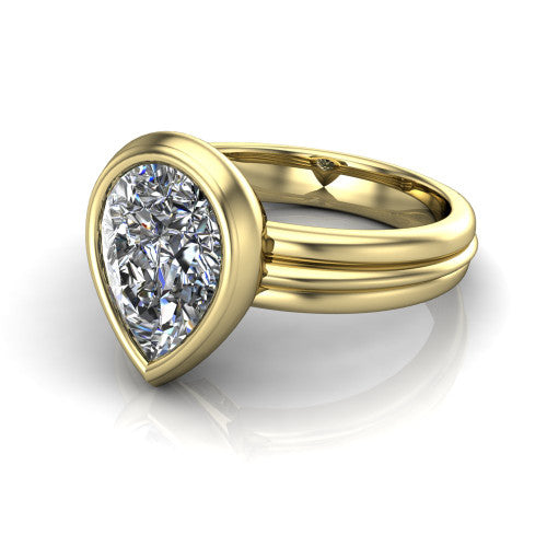 Kehlani pear classic engagement ring in 18K Yellow Gold, three-quarter perspective showing the pear center diamond in a full bezel above a grooved band