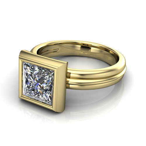 Kehlani princess-cut classic engagement ring in 14K Yellow Gold, three-quarter perspective showing the princess-cut center diamond in a full bezel above a grooved band