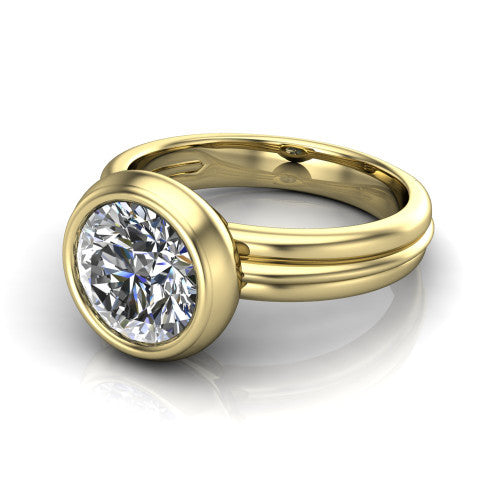 Kehlani round classic engagement ring in 14K Yellow Gold, three-quarter perspective showing the round center diamond in a full bezel above a grooved band