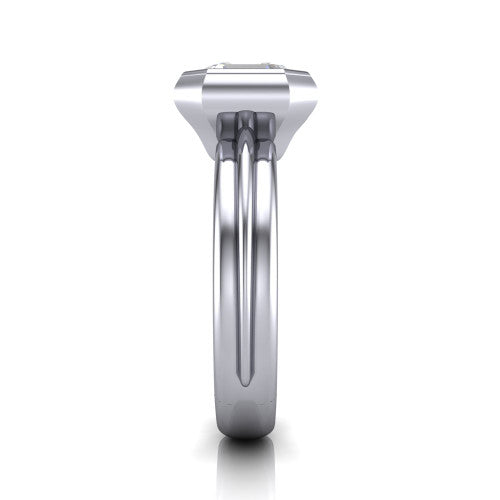 Kehlani square emerald-cut classic engagement ring in 14K White Gold, side profile showing the bezel setting and channel-grooved band in side view