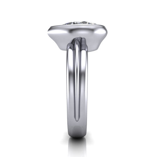 Kehlani pear classic engagement ring in 18K White Gold, side profile showing the bezel setting and channel-grooved band in side view