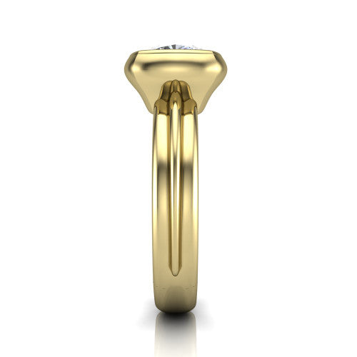 Kehlani cushion classic engagement ring in 14K Yellow Gold, side profile showing the bezel setting and channel-grooved band in side view