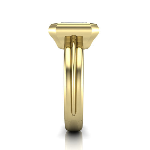 Kehlani emerald-cut classic engagement ring in 14K Yellow Gold, side profile showing the bezel setting and channel-grooved band in side view