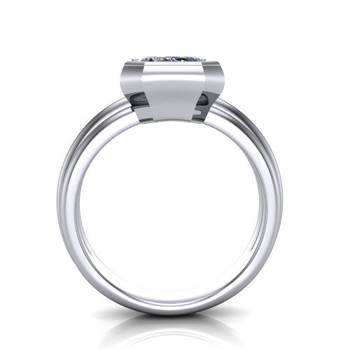Kehlani emerald-cut classic engagement ring in 18K White Gold, through-finger front profile showing the bezel frame and grooved band from the front