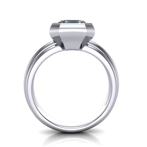 Kehlani square emerald-cut classic engagement ring in 18K White Gold, through-finger front profile showing the bezel frame and grooved band from the front