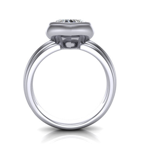 Kehlani heart classic engagement ring in Platinum, through-finger front profile showing the bezel frame and grooved band from the front