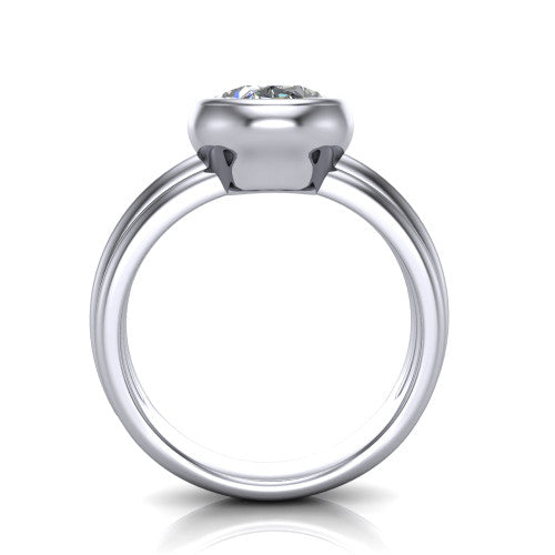 Kehlani oval classic engagement ring in Platinum, through-finger front profile showing the bezel frame and grooved band from the front