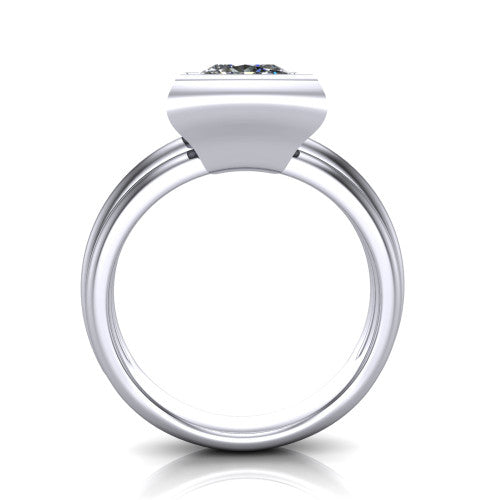 Kehlani princess-cut classic engagement ring in 14K White Gold, through-finger front profile showing the bezel frame and grooved band from the front