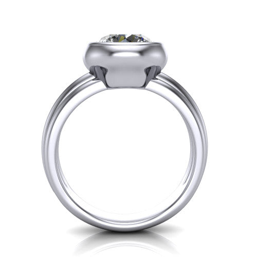 Kehlani round classic engagement ring in 18K White Gold, through-finger front profile showing the bezel frame and grooved band from the front