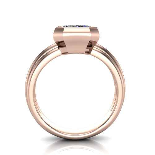 Kehlani emerald-cut classic engagement ring in 18K Rose Gold, through-finger front profile showing the bezel frame and grooved band from the front