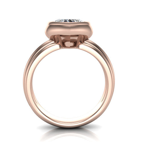 Kehlani heart classic engagement ring in 14K Rose Gold, through-finger front profile showing the bezel frame and grooved band from the front
