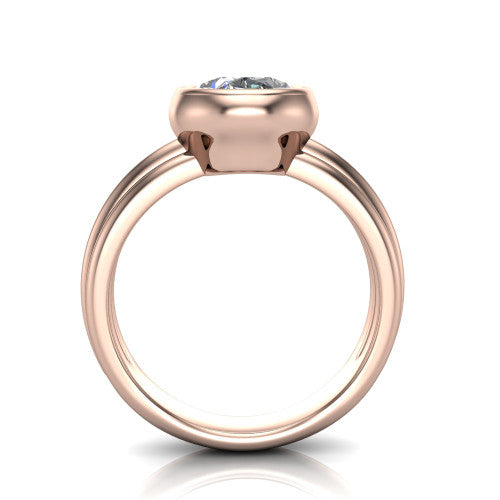 Kehlani oval classic engagement ring in 14K Rose Gold, through-finger front profile showing the bezel frame and grooved band from the front