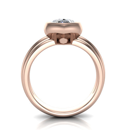 Kehlani pear classic engagement ring in 14K Rose Gold, through-finger front profile showing the bezel frame and grooved band from the front