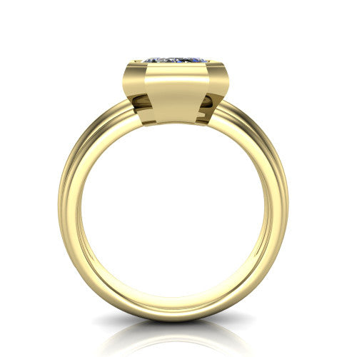 Kehlani emerald-cut classic engagement ring in 18K Yellow Gold, through-finger front profile showing the bezel frame and grooved band from the front