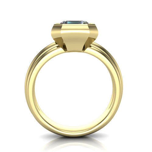 Kehlani square emerald-cut classic engagement ring in 18K Yellow Gold, through-finger front profile showing the bezel frame and grooved band from the front