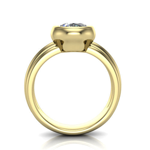Kehlani oval classic engagement ring in 14K Yellow Gold, through-finger front profile showing the bezel frame and grooved band from the front