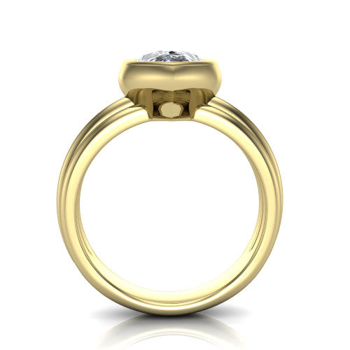 Kehlani pear classic engagement ring in 18K Yellow Gold, through-finger front profile showing the bezel frame and grooved band from the front