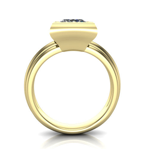 Kehlani princess-cut classic engagement ring in 18K Yellow Gold, through-finger front profile showing the bezel frame and grooved band from the front