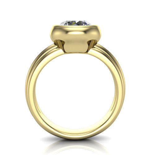 Kehlani round classic engagement ring in 14K Yellow Gold, through-finger front profile showing the bezel frame and grooved band from the front