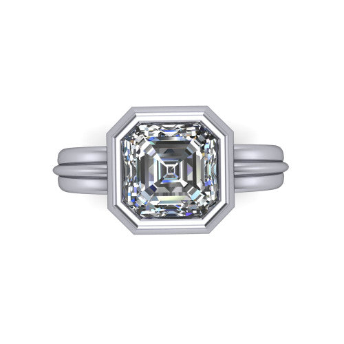 Kehlani square emerald-cut classic engagement ring in 14K White Gold, top-down view showing the square emerald-cut center diamond framed by the full bezel from above