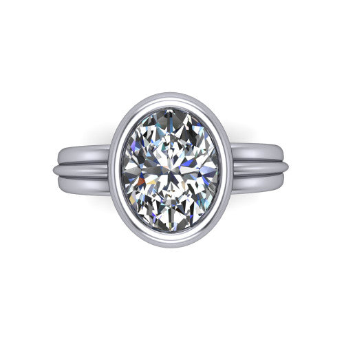 Kehlani oval classic engagement ring in Platinum, top-down view showing the oval center diamond framed by the full bezel from above