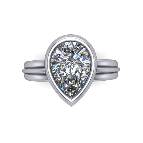 Kehlani pear classic engagement ring in Platinum, top-down view showing the pear center diamond framed by the full bezel from above